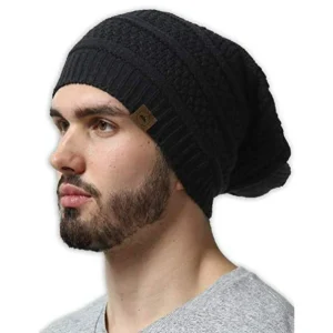 Slouchy Cable Knit Beanie by Tough Headwear - Chunky, Oversized Slouch Beanie Hats for Men & Women - Stay Warm & Stylish - Serious Beanies for Serious Style Black OSFA